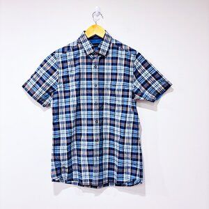 ORVIETO Brown‎ and blue plaid short-sleeve shirt | Easy casual | Small